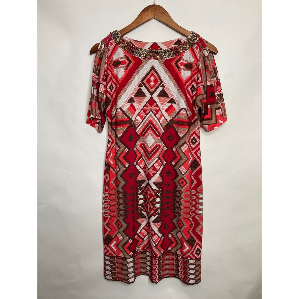 Chico's Shift Dress Sz 0 XS S Red Geometric Beaded Neck Cold Shoulder Aztec Boho
